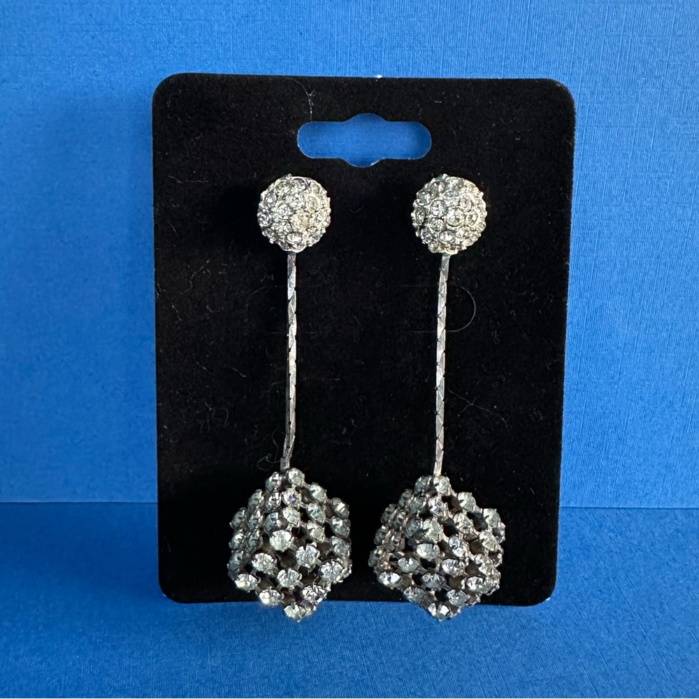 Silver Rhinestone Cube Dangle Earrings Vintage